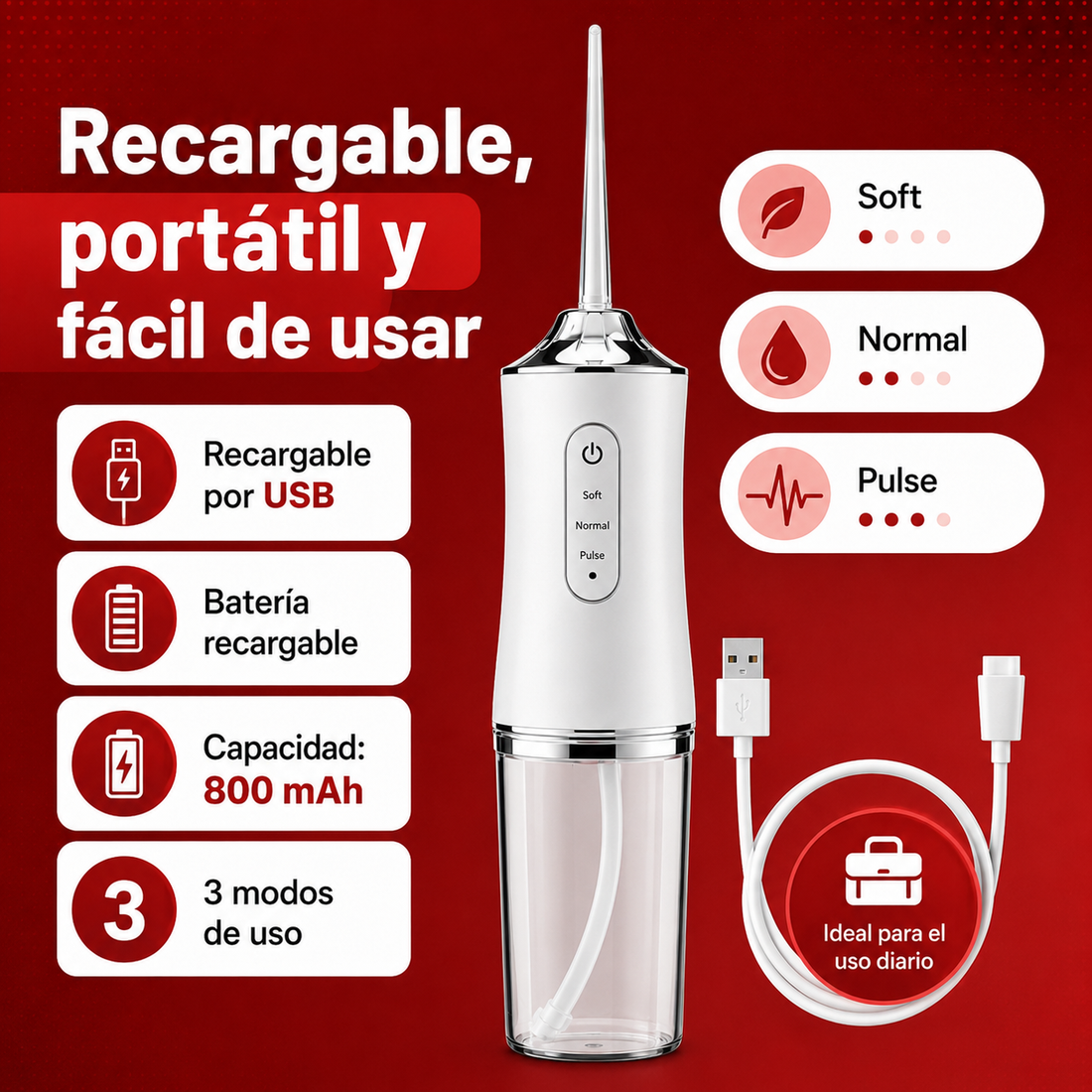 Irrigador Bucal Portátil Recargable con 4 Boquillas