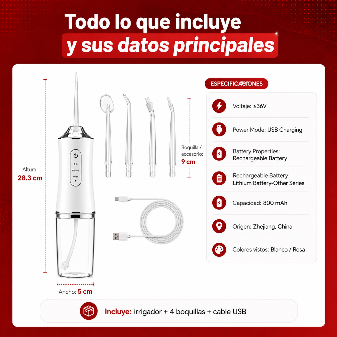 Irrigador Bucal Portátil Recargable con 4 Boquillas
