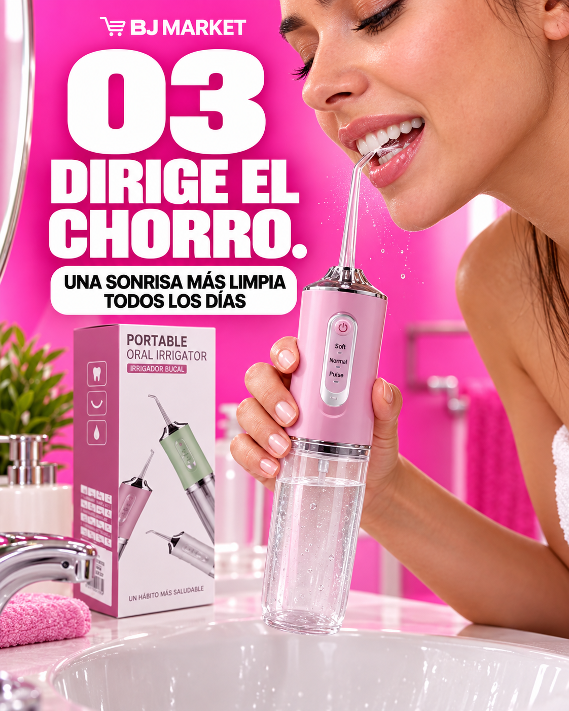 Dirige el chorro entre los dientes y a lo largo de la línea de las encías