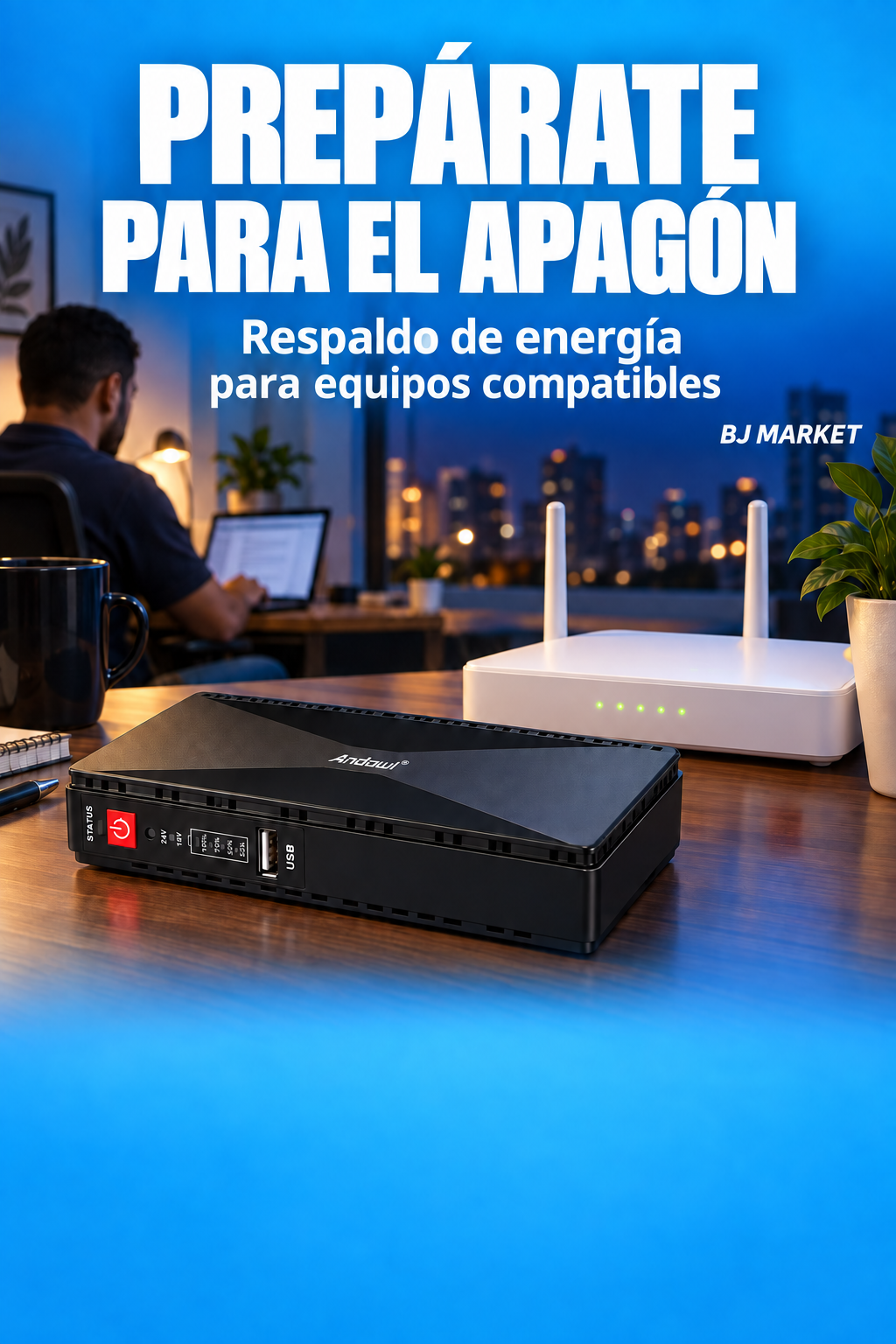Mini UPS Q-UP900 junto a un router - respaldo de energia para equipos compatibles