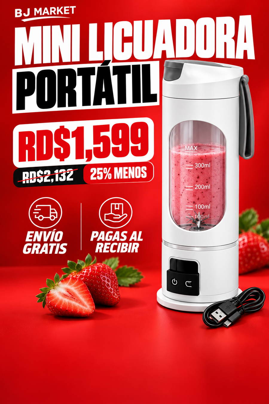 Mini Licuadora Portátil HS-860 | 300 ml recargable por USB