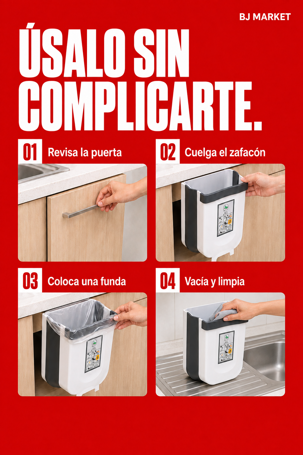 Zafacón plegable para puerta de cocina — Uso paso a paso