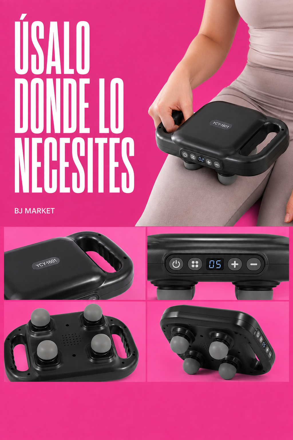 Masajeador portátil de cuatro cabezales YCY-1601 — Úsalo donde lo necesites