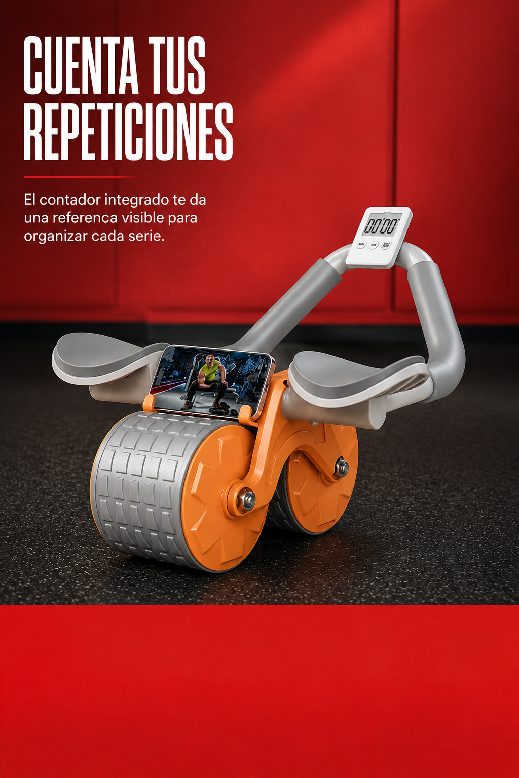 Rueda abdominal con contador: Cuenta tus repeticiones. Vista ilustrativa del equipo.