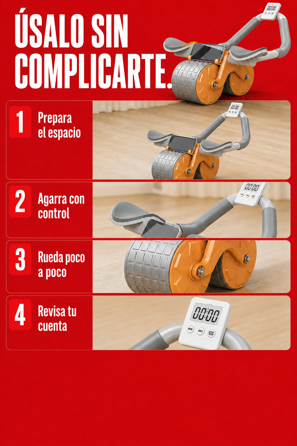 Rueda abdominal con contador: Uso paso a paso. Vista ilustrativa del equipo.
