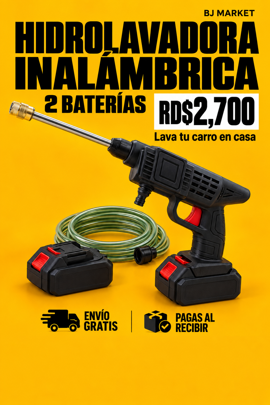 Hidrolavadora inalámbrica con dos baterías y manguera de succión. Precio RD$2,700, envío gratis y pago al recibir en BJ Market.