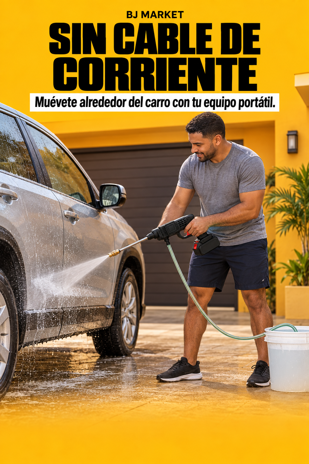 Lavado de un carro con hidrolavadora portátil a batería y manguera de agua, sin cable de corriente.