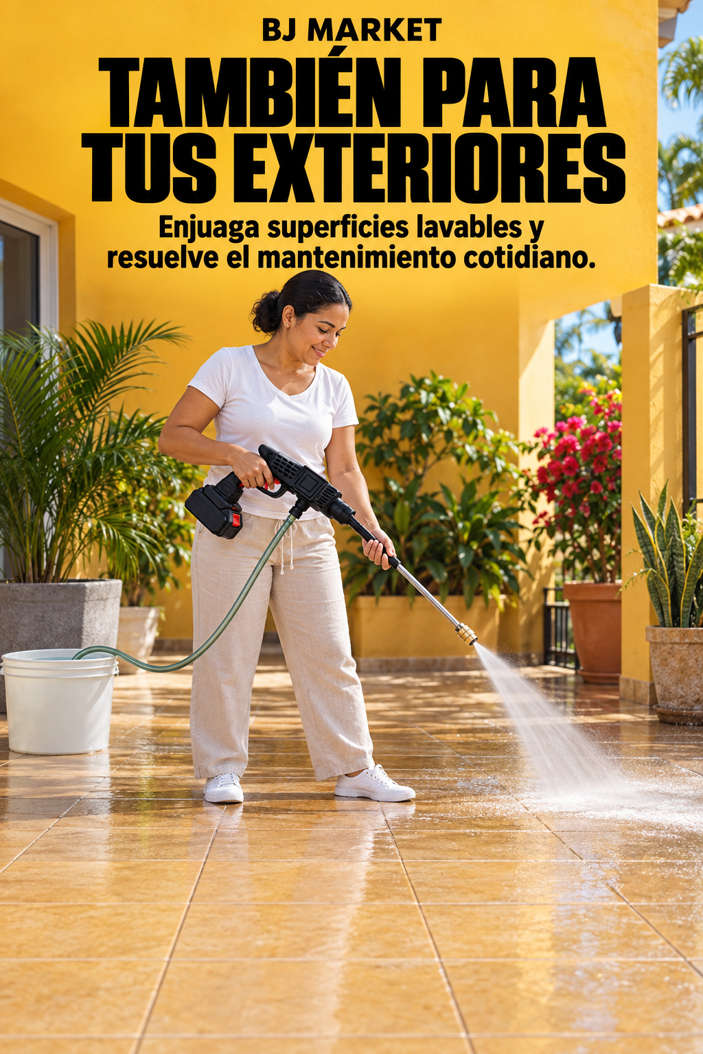 Hidrolavadora portátil usada para enjuagar superficies exteriores lavables de la casa.