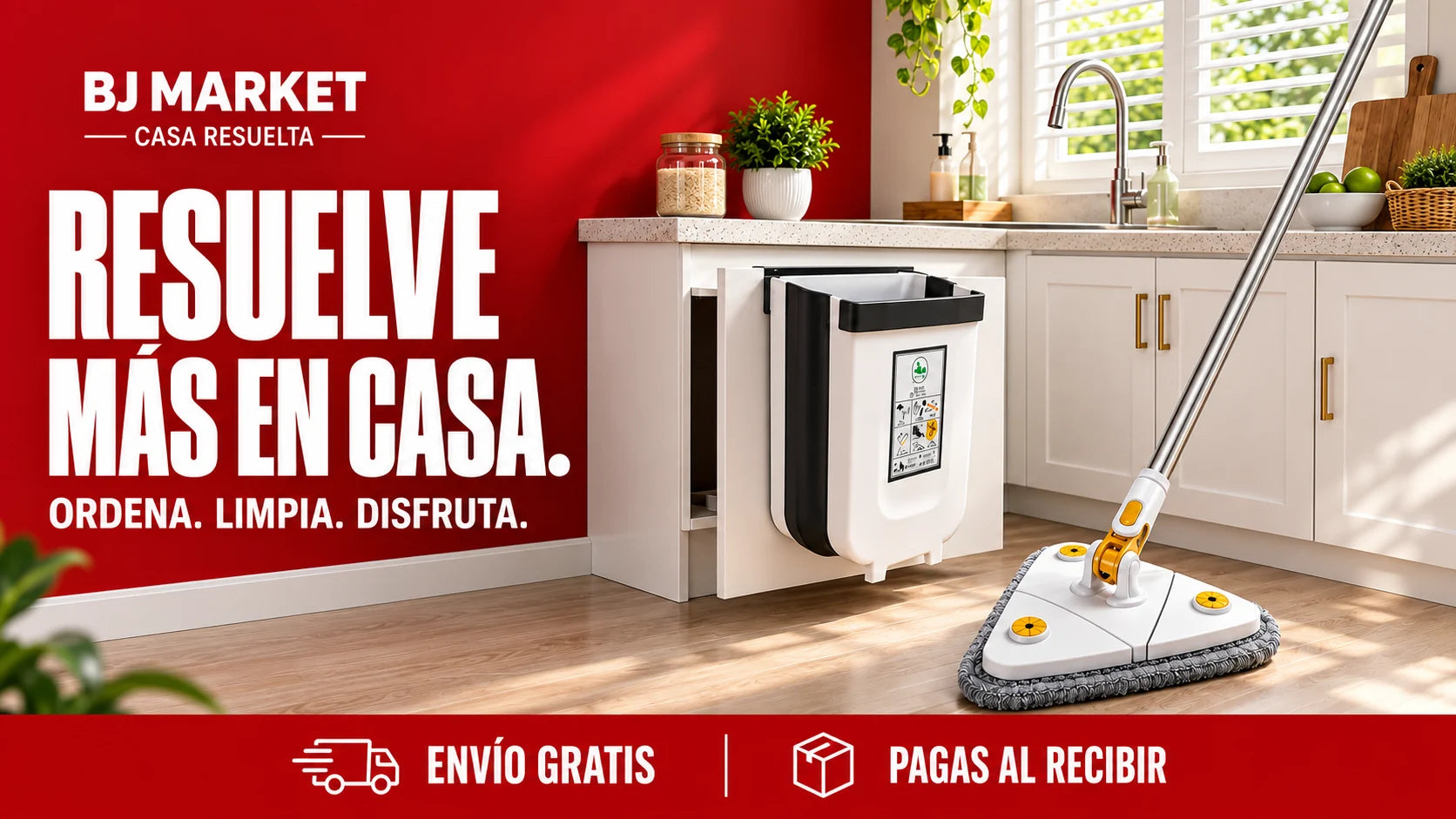 BJ Market, Casa Resuelta. Resuelve más en casa: zafacón plegable y trapeador triangular en una cocina luminosa. Envío gratis y pagas al recibir.