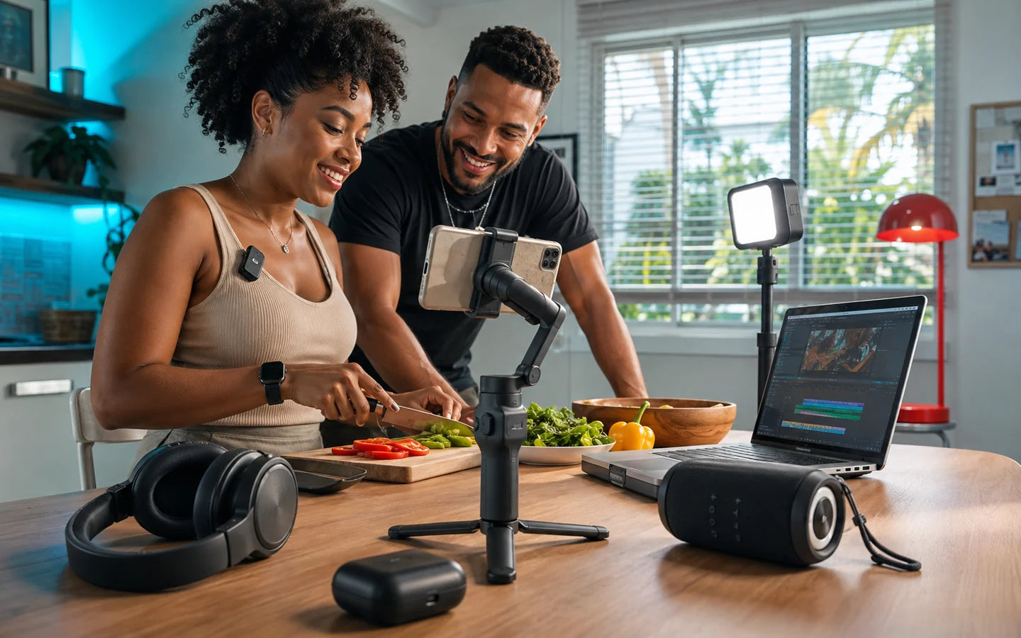Pareja creando contenido en una cocina con accesorios de tecnologia.